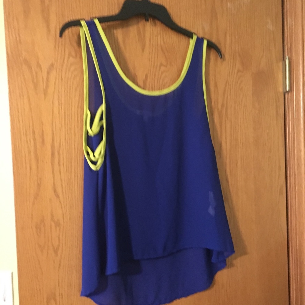 Blue sheer tank top with yellow trim small